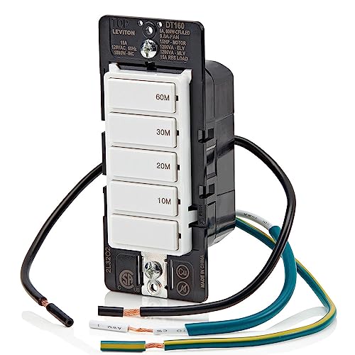 Leviton Countdown Timer Switch for bathroom fan and household lights, 10-20-30-60 min, No Neutral Required, Single Pole, 15A, 1/2HP/9.8A Fan/Motor, DT160-1LW, White - size: 15-Amp, style: 10-20-30-60 min, No Neutral Required
