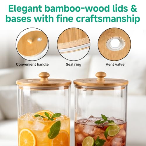 2 Gallon 2 PCS (4 gallon) Beverage Dispenser With Bamboo Wood Stand,Large Glass Drink Dispenser for Parties,Large Water Dispensers with Spigot,Juice Containers & Water Pitcher,Lemonade Dispenser
