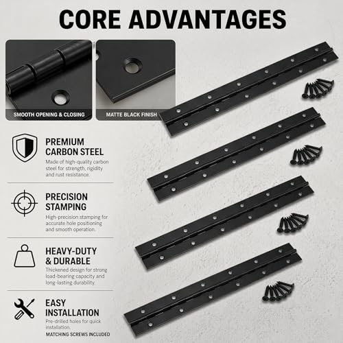 12 Inch Continuous Piano Hinge –4-piece Heavy Duty Black Steel Hinges for Cabinet, Door, Box & Furniture – Smooth Operation, Rust Resistant Finish