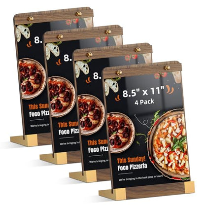 PPH-Sisy 4 Pack Acrylic Sign Holders 8.5 x 11 with Wood Base, Tabletop Display Sign Stand for Menu Flyer Poster, Clear Acrylic Paper Frame for Restaurant Coffee Shop Hotel Office Exhibition - size: 8.5*11-4 Pack