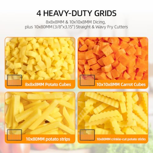 Commercial Electric Vegetable Chopper Dicer Slicer, 300W Food Prep Machine with 4.5" x 3.3" Extra-Large Chute, Stainless Steel Veggie Cutter for Dicing, Slicing, Shredding & Fry Cutting