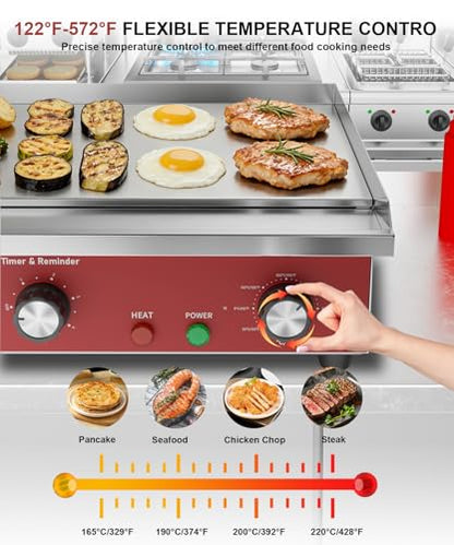 22" Commercial Electric Griddle 1500W, Flat Top Grill with 5-Min Reminder Timer, Adjustable Temp Control (122°F-572°F), Stainless Steel Countertop Griddle for Restaurant & Home Kitchen - size: 22"