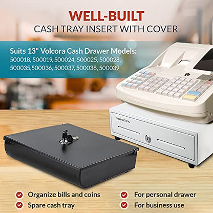 Volcora Cash Drawer Tray with Locking Cover - 11.7 x 10.3 x 2.3 Inch Metal Cash Lock Box with Lid - 4 Bill/5 Coin Money Organizer for Volocara 13" Fully-Removable Cash Drawers - For Business Use - size: 4 Bill 5 Coin