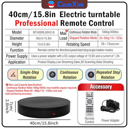 15.8In Remote Motorized Electric Turntable Rotating Display Stand Rotating Platform Photography Turntable motorized lazy susan base giratoria para for Photography,3D Scanner,(Load Range:132~400lbs) - size: 15.8inch/Black/400Lbs Load