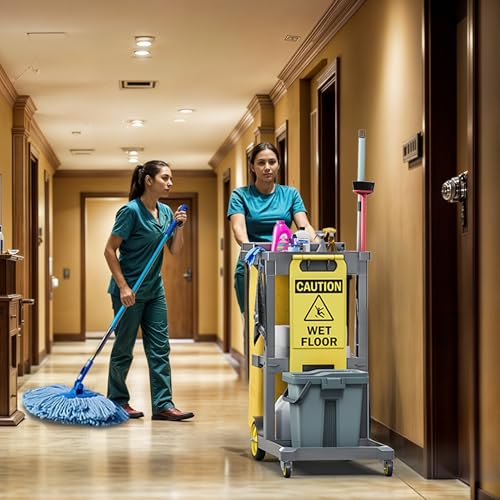 DWVO 3-Tier Janitorial Cart on Wheels, Grey Cleaning Housekeeping Cart - color: Gray