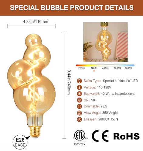 4W Filament 2700K Warm Lights,Dimmable E26 Lamp Base,1-Pack - color: Oversized Special Bubble Lights(dimmable)