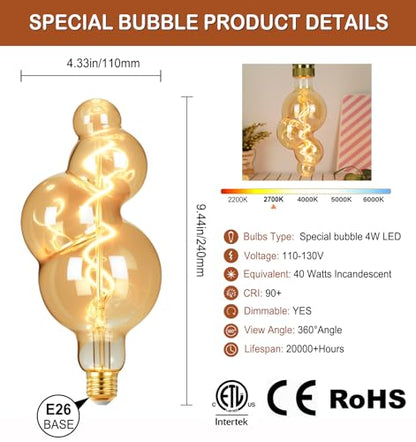 4W Filament 2700K Warm Lights,Dimmable E26 Lamp Base,1-Pack - color: Oversized Special Bubble Lights(dimmable)