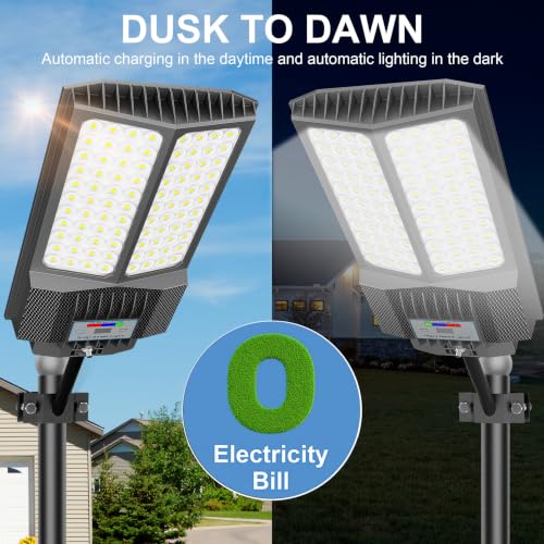 Solar Street Lights Outdoor,Solar Parking Lot Lights Commercial Street Light Dusk to Dawn,7000K LED Security Flood Light with Pole Motion Sensor and Remote Control for Street,Court,Yard