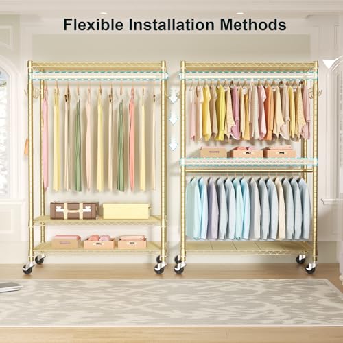 FUTASSI P1 Plus Rolling Clothes Rack, 22mm Diameter Heavy Duty Garment Rack - color: Gold, size: P1 Plus