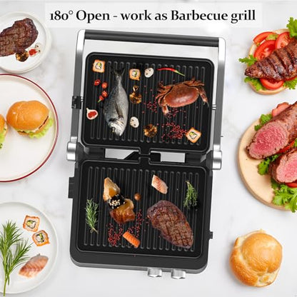 Panini Press,4 Slices Contact Grill with Removable Non-Stick Coated Grill and Flat Plates,Panini Makers with Temperature Control and Timer,Open 180 Degrees,Grill and Griddle (Silver wtih Full SUS) - color: Silver wtih Full SUS