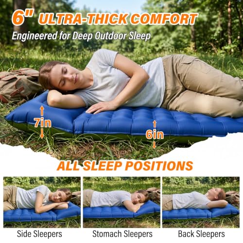 Camping Sleeping Pad, 6 inch Thick Ultralight Camping Mat with Pillow, Built-in Foot Pump Inflatable Sleeping Pads Compact for Camping Backpacking Hiking Traveling Tent,Single,Blue - color: Blue