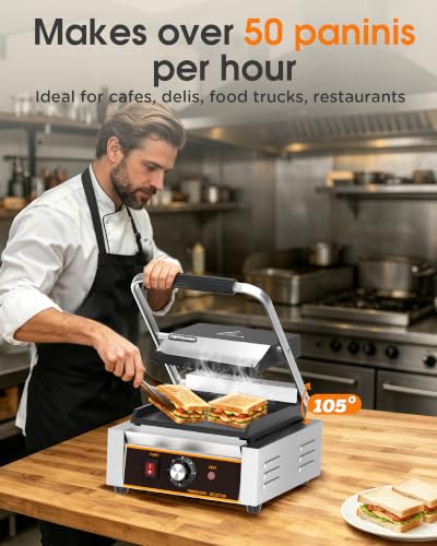 Commercial Panini Press - 1800W Electric Panini Sandwich Grill w/Nonstick Coating & Adjustable Temp, Panini Grill Press w/ 9"x9" Cooking Pan (Grooved Top & Flat Bottom), Double-sided Heating - style: 9"x9" Grooved top, flat bottom