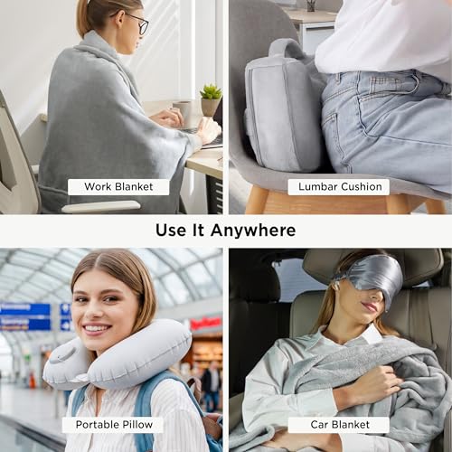 Bedsure Travel Blanket Set with Inflatable Neck Pillow and Eye Mask, Grey - color: Grey