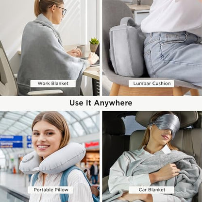 Bedsure Travel Blanket Set with Inflatable Neck Pillow and Eye Mask, Grey - color: Grey