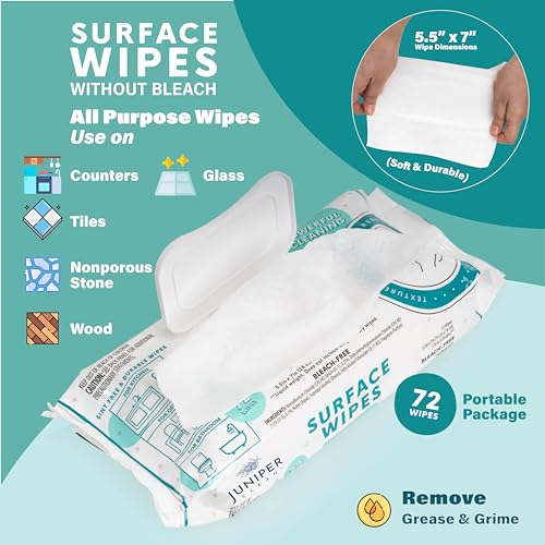 Juniper CLEAN 1 Pack Surface Cleaning Wipes Bleach Free, All-Purpose Cleaner for Bathroom, Kitchen, Office, 72 Count Soft Flow, Fresh Scent, Lint Free & Durable - size: 72 Count (Pack of 1)