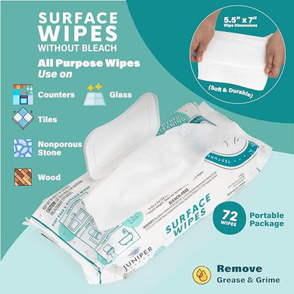 Juniper CLEAN 1 Pack Surface Cleaning Wipes Bleach Free, All-Purpose Cleaner for Bathroom, Kitchen, Office, 72 Count Soft Flow, Fresh Scent, Lint Free & Durable - size: 72 Count (Pack of 1)