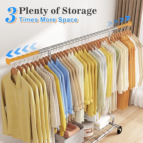 Raybee Heavy Duty Clothes Rack Load 480LBS,Clothing Racks for Hanging Clothes,Adjustable Rolling Clothes Rack with Wheels,Garment Rack for Bedroom,Laundry Room,Commercial Use, 71" Hx22 D x 75" W - style: Single Rod
