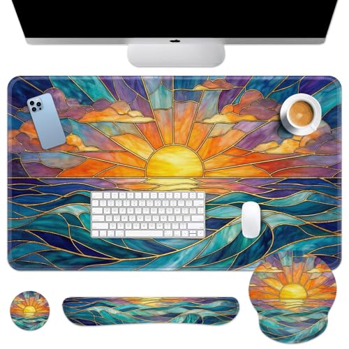 Britimes Keyboard Mouse Pad Set, 4 in 1 Desk Mat Set, Gold Sun Ocean - color: Gold Sunset Ocean