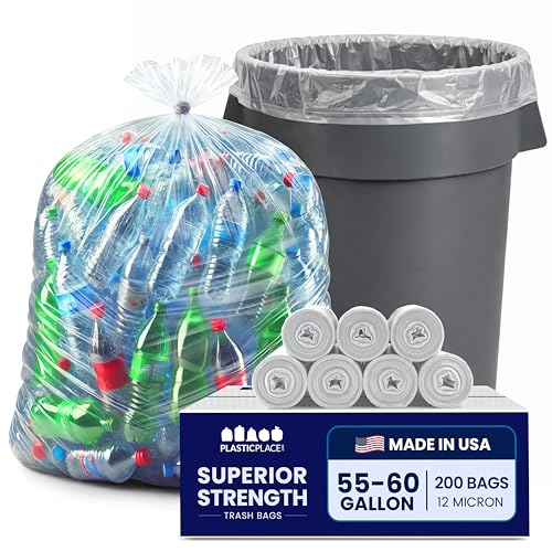 Plasticplace W55HDC1 55-60 gallon Trash Bags │ 12 Microns │ Clear High Density Garbage Can Liners │ 36” x 60” (200Count) - color: Clear, size: 200 Count (Pack of 1)