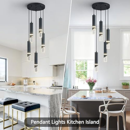 Modern Dimmable Led Pendant Lights Kitchen Island, Ideal for Living Room, Bedroom,Sink 30w LED Crystal Energy-Saving Hanging Lamp for Cozy Lighting (Black 5 Light) - size: 5-Light