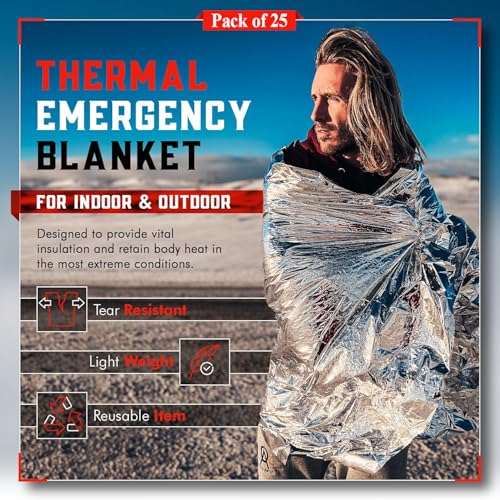Emergency Blanket Mylar Thermal Space Survival Gear & Supplies 25-Pack Foil - color: Silver, size: 25 Pack