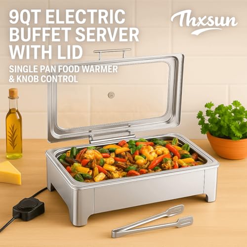 9QT Electric Chafing Dish, Full Size Buffet Warmer with Glass Lid - size: 606-Full Pan
