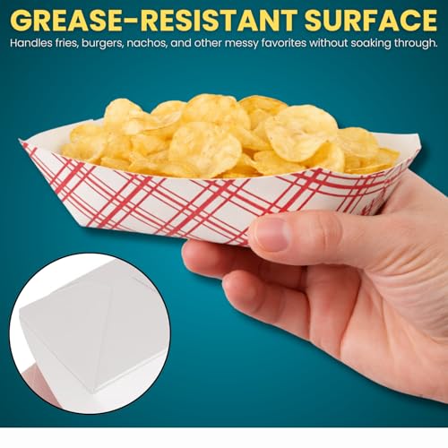 Paper Food Trays, Disposable Food Boat Tray Holders 1/4 lb Capacity, for Nachos, Fries, Hot Dogs & Tacos, Red Plaid, 250 Pack