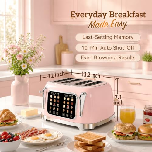 Retro Toaster 4 Slice Wide Slot Touch Screen, Blush Pink - color: Blush Pink