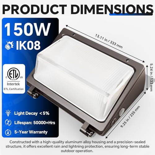 150W LED Wall Pack Light, 22500LM, Dusk to Dawn Sensor, ETL, 2 Pack - size: 150W