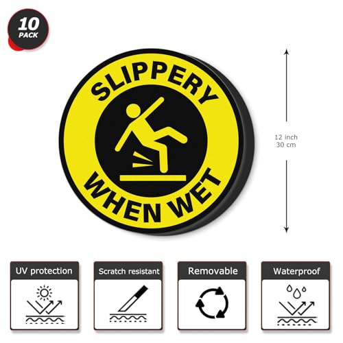 Slippery When Wet Stickers 12 Inch Self-Adhesive Removable Vinyl Caution Wet Floor Safety Signs Waterproof Warning Decals for Indoor Outdoor 10 PCS (Pack of 2) - size: 12 Inch (Pack of 2)