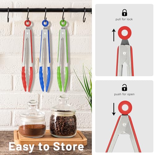 HOTEC Small Silicone Kitchen Tongs 7-Inch Mini Serving Tongs, Set of 3 - color: Red,Blue,Green