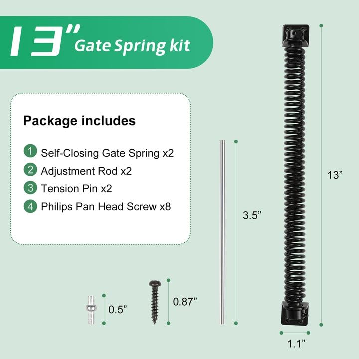 13 Inch Self Closing Gate Spring, Adjustable Tension Gate Closer for Wooden & Vinyl Fence, Steel, Black (2 Pack) - size: 2 Pack