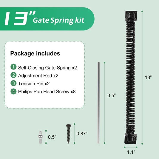 13 Inch Self Closing Gate Spring, Adjustable Tension Gate Closer for Wooden & Vinyl Fence, Steel, Black (2 Pack) - size: 2 Pack