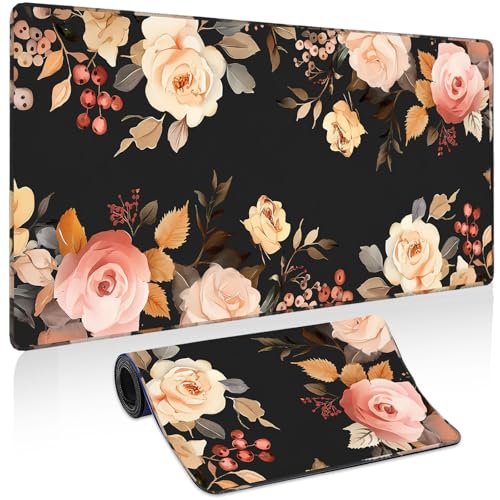 Colorful Flowers Large Mouse Pad,35.7"X 15.7" Pink Floral Desk Mat for Keyboard and Mouse,Women Girls Mousepad Desk Pad with Stitched Edge Non-Slip Rubber,Waterproof Gaming Computer Mice Mat Protector - color: Night Blooming Flowers