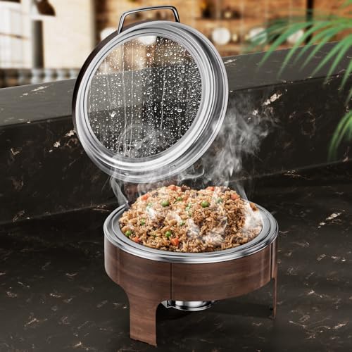 Chafing Dishes for Buffet, 6QT Round Stainless Steel Chafing Dish with Transparent Hydraulic Lid, 304 Food Pan, Buffet Warmer for Parties and Events (Wood Color) - color: Wood Color