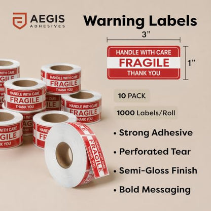 1" X 3" Fragile Stickers for Shipping (10000 Labels, 10 Rolls) - color: Fragile 1" X 3"