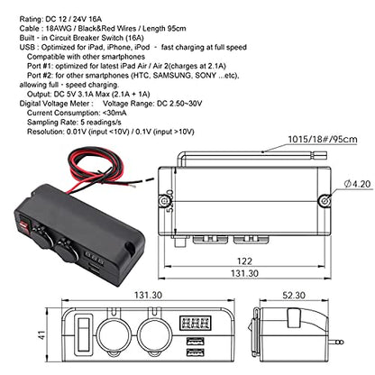 Dual USB Socket Charger and Dual 12V Power Outlet Cigarette Lighter Splitter Adapter with LED Voltmeter On/Off Switches for Car Rv Truck Marine Boat Camper Vehicles - color: Multi Function Adapter