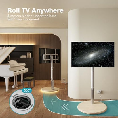 Floor Mobile TV Stand with Power Outlet, Rolling TV Cart for 27-70 Inch OLED LED Monitors, 6 Levels of Height Adjustment, Ambient Lighting on the Bottom Wheels Holds up to 88lbs, 400x400mm - color: Grain