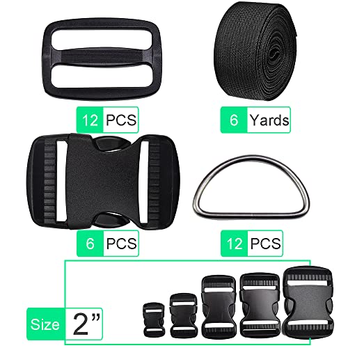 CooBigo 6 Yards Nylon Webbing Strap 6 Pcs Quick Side Release Plastic Buckle 12pcs Tri-glide Slide Clip D Rings (2 Inch set) - color: 2"sets