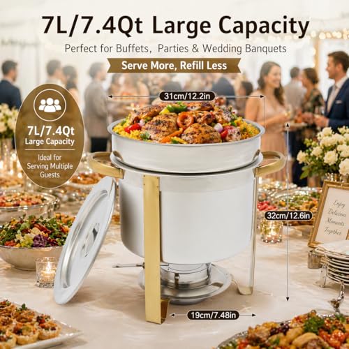 7.4QT Soup Chafer, Stainless Steel Round Soup Warmer with Lid & Fuel Holder, Commercial Soup Pot Chafing Dishes for Catering, Parties, Buffet, Banquets, Events - color: Silver, size: 7.4Qt