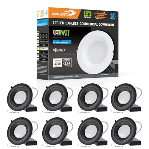 10 Inch Commercial LED Recessed Light with J-Box,120-277V,22/29/37.5W Adjustable,3CCT Selectable 3000K-5000K,10%-100% Dimmable,Commercial LED Downlight with Black Trim, ETL Listed-8PK - color: 8PK, size: 10 inch Black