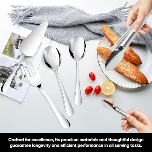 14PCS Serving Utensils - Hostess Serving Utensils Set, Premium Stainless Steel 8.7 inch Serving Utensils, Slotted Spoons, Fork, Tongs, Cake Pie Server for Buffet, Wedding, Dinner (Silver) - color: Silver