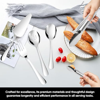 14PCS Serving Utensils - Hostess Serving Utensils Set, Premium Stainless Steel 8.7 inch Serving Utensils, Slotted Spoons, Fork, Tongs, Cake Pie Server for Buffet, Wedding, Dinner (Silver) - color: Silver