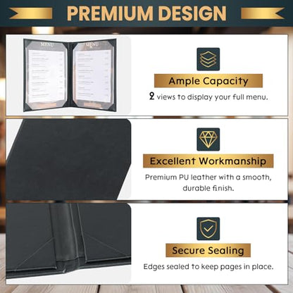 Menu Covers 8.5 x 11 Inch, 10 Pack, 2 View, Black PU Leather