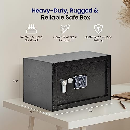 SereneLife Electronic Safe Box | Heavy-Duty 12.2’’ x 7.8’’ Small Lockbox | Digital Keypad Code & 2 Key Override | Compact Money Safe for Cash, Jewelry, Valuables | Wall & Floor Mountable Storage - color: Matte Black