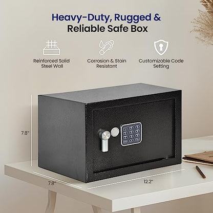 SereneLife Electronic Safe Box | Heavy-Duty 12.2’’ x 7.8’’ Small Lockbox | Digital Keypad Code & 2 Key Override | Compact Money Safe for Cash, Jewelry, Valuables | Wall & Floor Mountable Storage - color: Matte Black