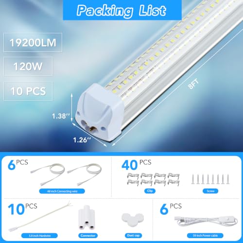 10PCS 8FT LED Shop Lights 120W 19200LM 6500K T8 V-Shape Linkable - size: 8FT-10PCS-6500K