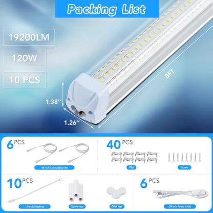 10PCS 8FT LED Shop Lights 120W 19200LM 6500K T8 V-Shape Linkable - size: 8FT-10PCS-6500K