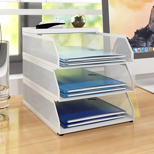 Natwind 3-Tier Stackable Metal Mesh Desk Paper Tray Organizer, White - color: White, size: 3 tier