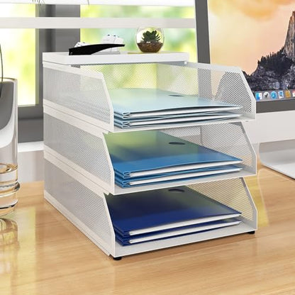 Natwind 3-Tier Stackable Metal Mesh Desk Paper Tray Organizer, White - color: White, size: 3 tier